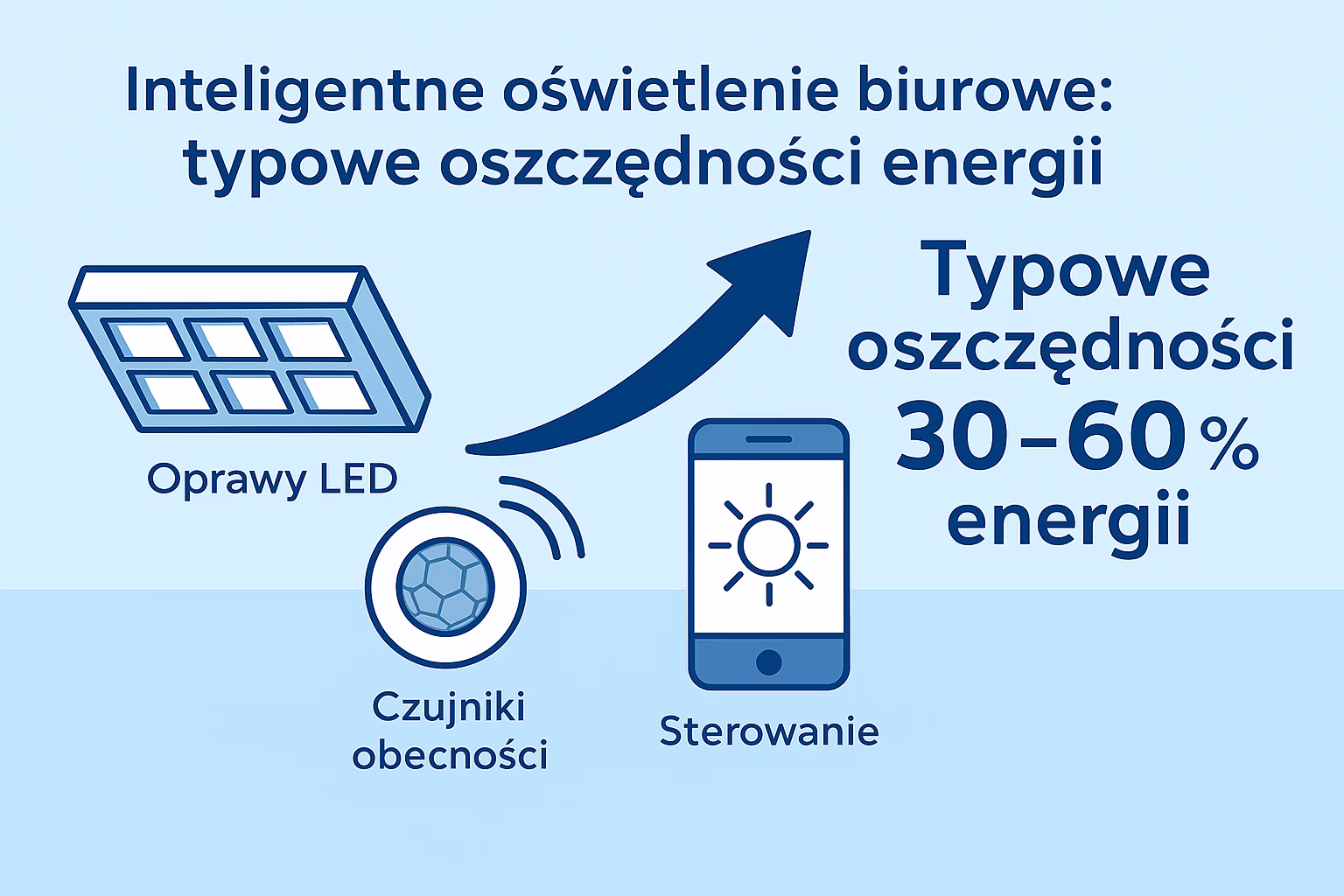 modernizacja oświetlenia biurowego LED zwrot z inwestycji oświetlenie LED czujniki ruchu biuro oszczędność sterowanie oświetleniem DALI biuro koszt modernizacji oświetlenia LED w biurze oszczędność prądu w biurze inteligentne oświetlenie biuro lampy LED biuro normy oświetlenia biurowego LED program Energia Plus oświetlenie