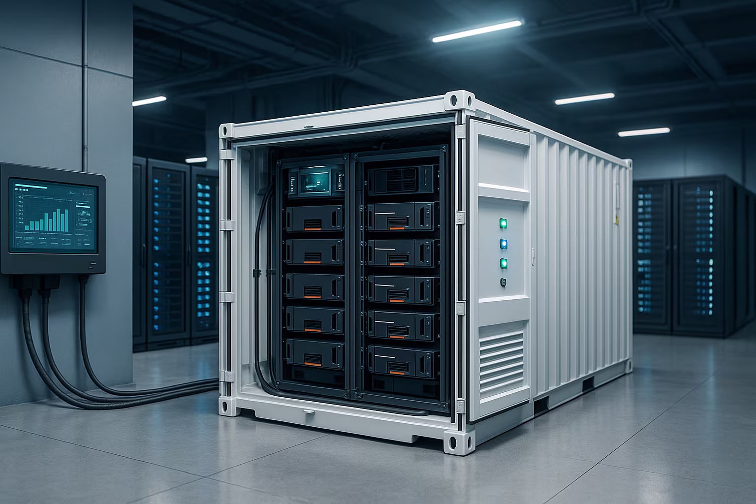 Instalacja magazynów energii w Warszawie – kontenerowy magazyn energii w data center, integracja z BMS (Vislan)