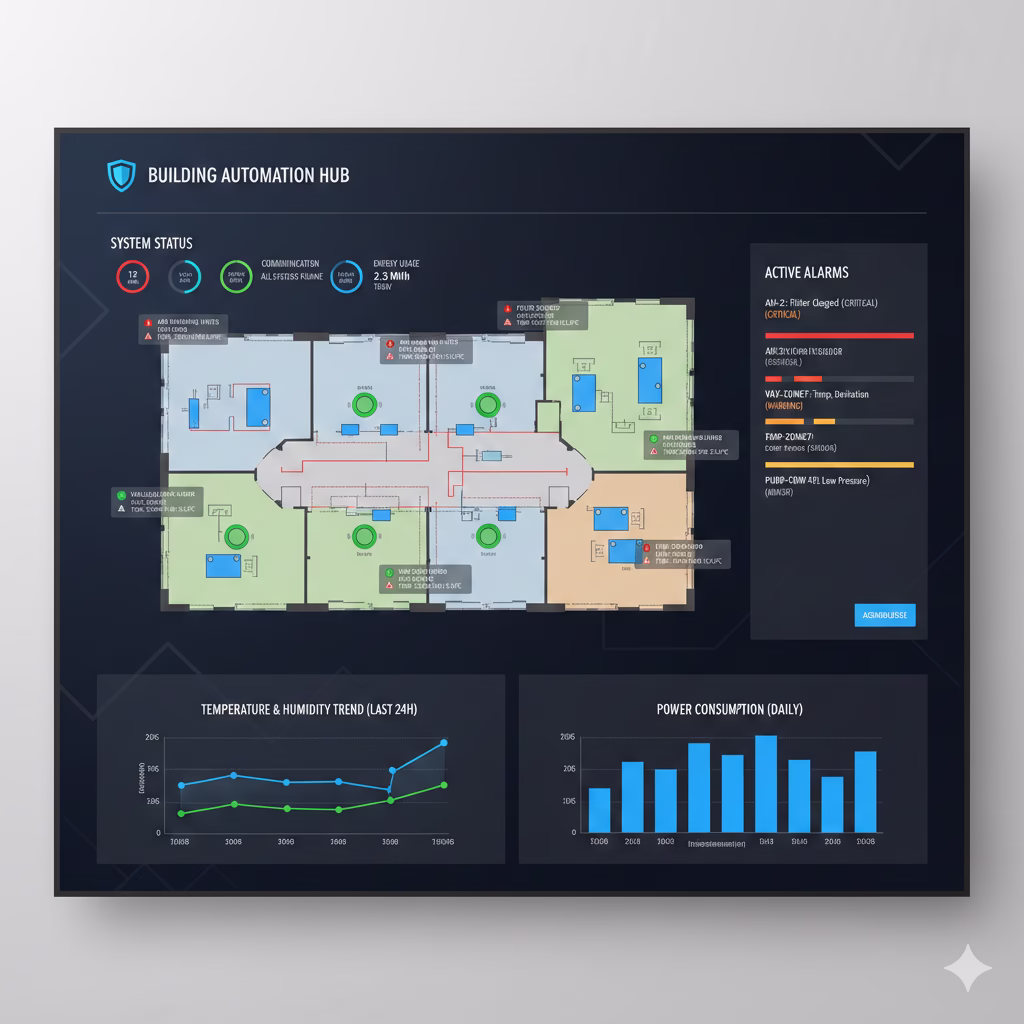 Panel BMS pokazujący alarmy, trendy i statusy urządzeń – dashboard BMS Vislan.