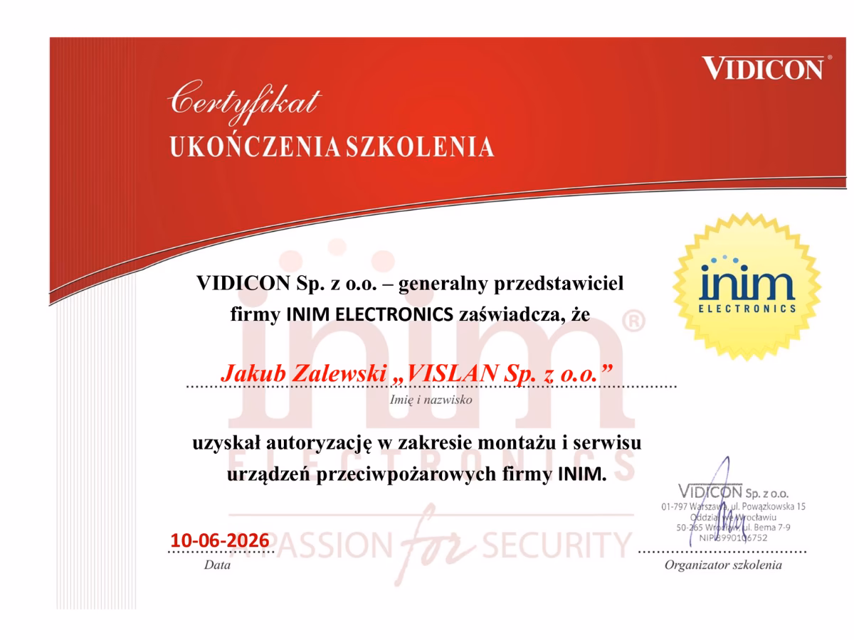 Certyfikat INIM – montaż i serwis urządzeń przeciwpożarowych