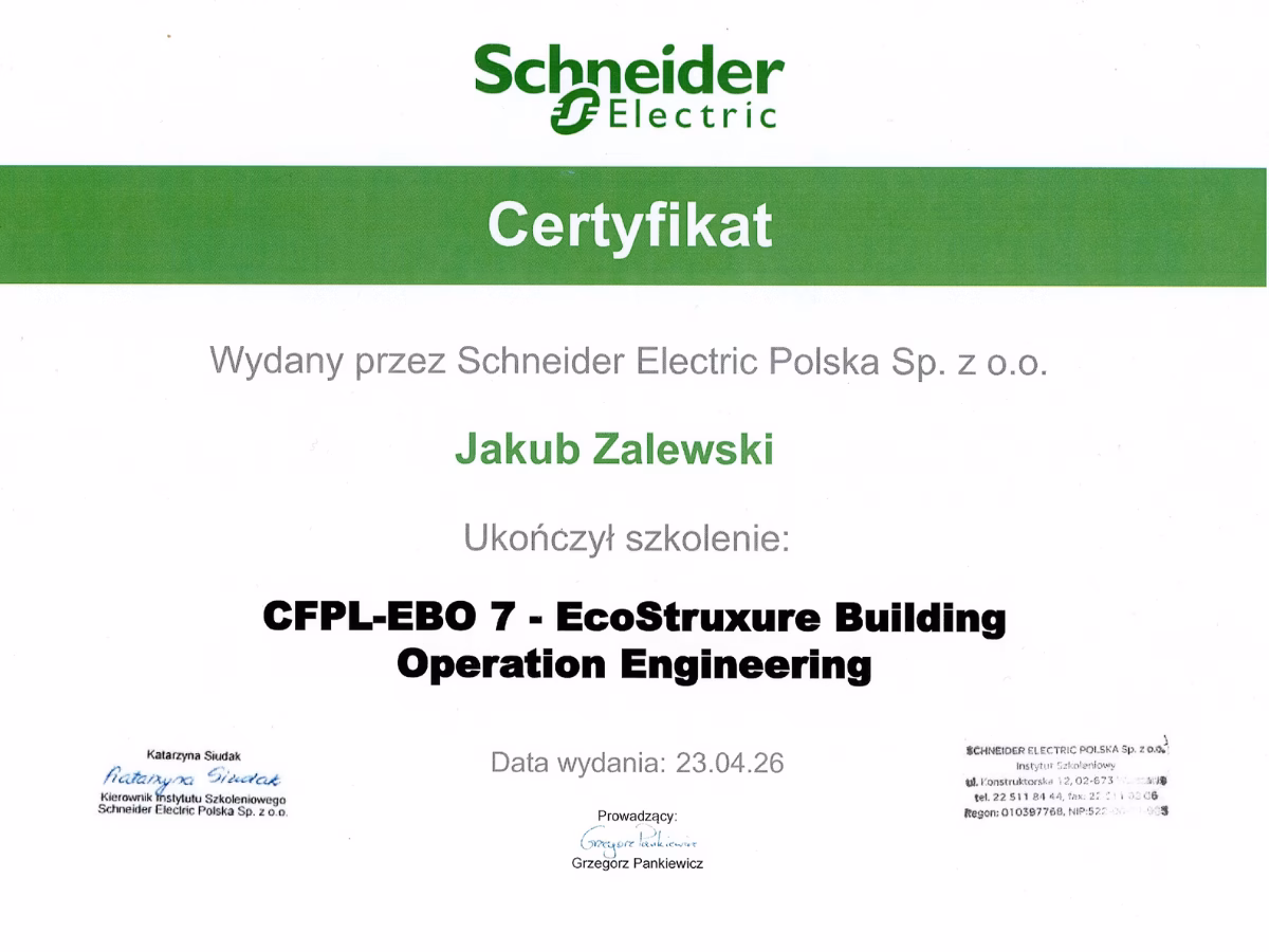 Certyfikat Schneider Electric EcoStruxure Building Operation Engineering